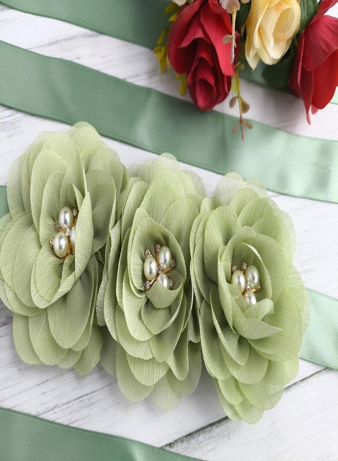 Oyabridal Flower Girl Sash Sage Green Flower Girl Sash Belt for Dress, Chiffon Pearl Floral Sash Belts for Bridesmaid/Bride Dresses - Image 3