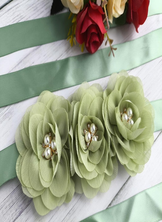 Oyabridal Flower Girl Sash Sage Green Flower Girl Sash Belt for Dress, Chiffon Pearl Floral Sash Belts for Bridesmaid/Bride Dresses - Image 2