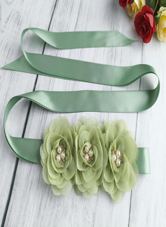 Oyabridal Flower Girl Sash Sage Green Flower Girl Sash Belt for Dress, Chiffon Pearl Floral Sash Belts for Bridesmaid/Bride Dresses - Image 4