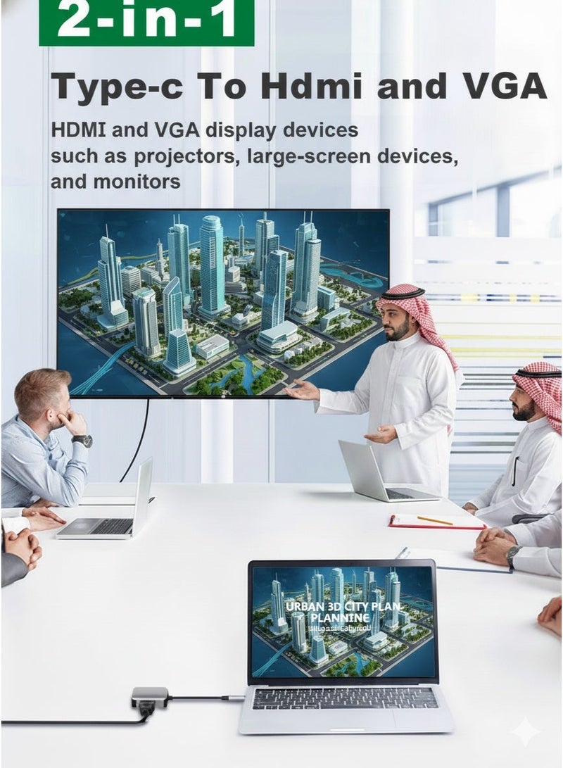 محول 2 في 1 من Type-C إلى HDMI + VGA، يدعم إخراج 4K و1080P VGA، محول متعدد الشاشات محمول، مناسب لأجهزة الكمبيوتر المحمولة/الأجهزة اللوحية/الهواتف. - Image 2