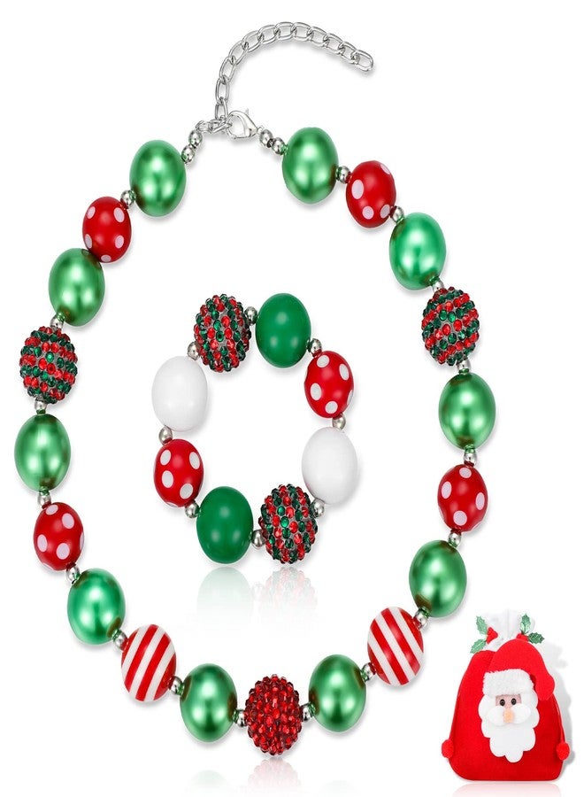 Yinkin Christmas Necklace Bracelet Set Cute Bubblegum Necklace Chunky Bead Jewelry Set with Santa Bag(Santa) - Image 1