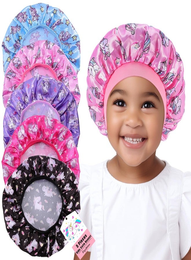 Dyrfolm 5 PCS Kids Satin Bonnet,Soft Silk Bonnet for Sleeping,Kids Bonnets for Girls,Elastic Wide Band Sleeping Cap,Cute Night Hats for Natural Hair Toddler Teens Child(Unicorn-1) - Image 1