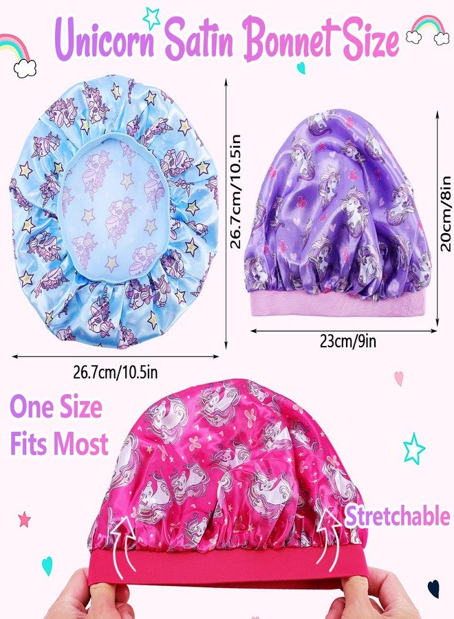 Dyrfolm 5 PCS Kids Satin Bonnet,Soft Silk Bonnet for Sleeping,Kids Bonnets for Girls,Elastic Wide Band Sleeping Cap,Cute Night Hats for Natural Hair Toddler Teens Child(Unicorn-1) - Image 2