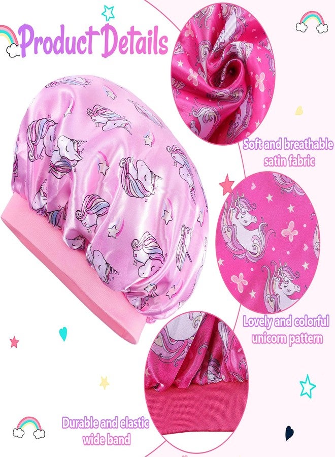Dyrfolm 5 PCS Kids Satin Bonnet,Soft Silk Bonnet for Sleeping,Kids Bonnets for Girls,Elastic Wide Band Sleeping Cap,Cute Night Hats for Natural Hair Toddler Teens Child(Unicorn-1) - Image 3