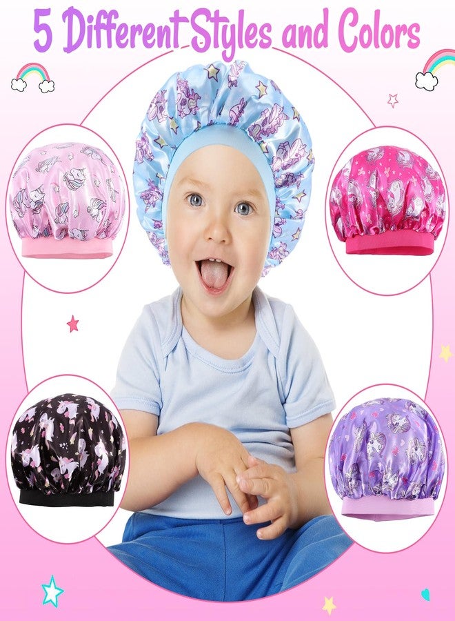 Dyrfolm 5 PCS Kids Satin Bonnet,Soft Silk Bonnet for Sleeping,Kids Bonnets for Girls,Elastic Wide Band Sleeping Cap,Cute Night Hats for Natural Hair Toddler Teens Child(Unicorn-1) - Image 5