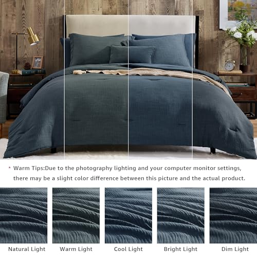 Geniospin Queen Comforter Set - 7 Pieces Comforter Queen Size, Soft Solid Bedding Set for All Season, Textured Bed in a Bag with Sheets, Pillowcases & Shams (Navy Blue, 90''x90'') - Image 3
