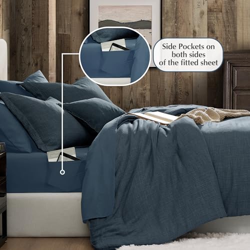 Geniospin Queen Comforter Set - 7 Pieces Comforter Queen Size, Soft Solid Bedding Set for All Season, Textured Bed in a Bag with Sheets, Pillowcases & Shams (Navy Blue, 90''x90'') - Image 4