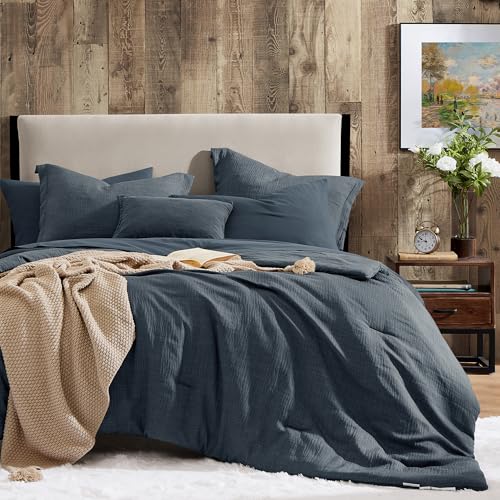 Geniospin Queen Comforter Set - 7 Pieces Comforter Queen Size, Soft Solid Bedding Set for All Season, Textured Bed in a Bag with Sheets, Pillowcases & Shams (Navy Blue, 90''x90'') - Image 1