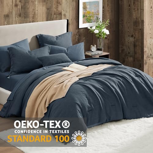 Geniospin Queen Comforter Set - 7 Pieces Comforter Queen Size, Soft Solid Bedding Set for All Season, Textured Bed in a Bag with Sheets, Pillowcases & Shams (Navy Blue, 90''x90'') - Image 2