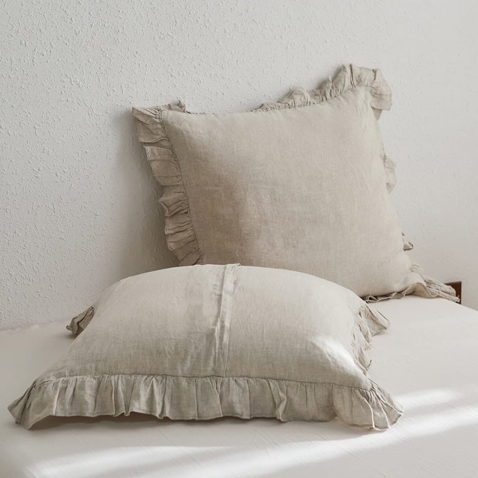 100 FRENCH LINEN EURO SHAMS WITH RUFFLES SET OF 2 WASHED SOLID COLOR NATURAL FLAX SOFT BREATHABLE PILLOW COVERS LINEN 26 X 26