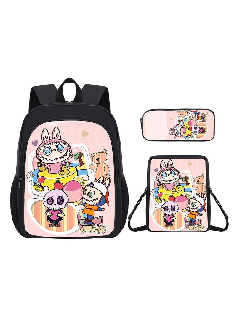 لابوبو حقيبة لابوبو المدرسية الكرتونية للطلاب، حقيبة ظهر لطيفة للأطفال، سعة كبيرة 34*26*14 سم + حقيبة غداء 23*19*6 سم + مقلمة 11*24*7 سم، طقم من ثلاث قطع. - Image 1