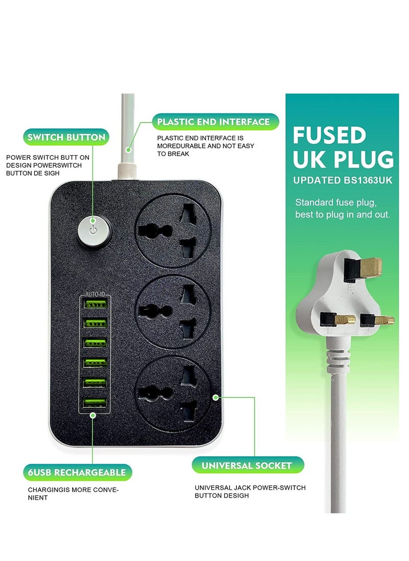Generic Power Strips Extension Cord 3 Outlets, Power Socket with 6 USB Ports Universal Charging Socket with 2M Bold Extension Cord  - Image 2