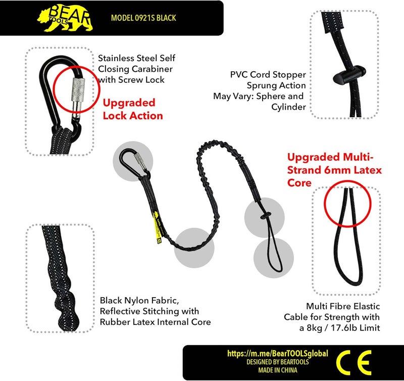 BearTOOLS Tool Lanyard with Single Carabiner and Adjustable Loop End, Standard Length, Maximum Weight Limit 8KG / 17.6lb, Aluminum Screw Lock Carabiner with Shock Cord Stopper, 0929S (10 Pack) - Image 2