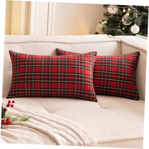 The Purple Tree Christmas Check Cushion Pillow Cover for Living Room Sofa (Pack of 2, 12x18 inch) Red Christmas Theme Cushion Cover, Sofa Christmas Decor - Image 1