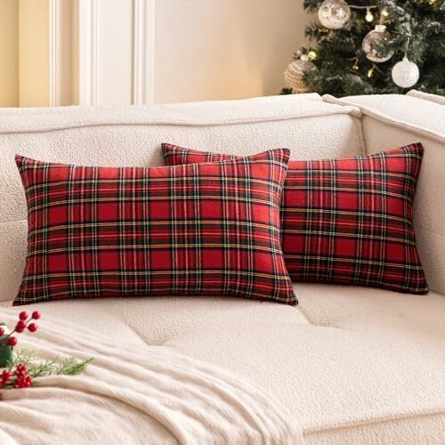 The Purple Tree Christmas Check Cushion Pillow Cover for Living Room Sofa (Pack of 2, 12x18 inch) Red Christmas Theme Cushion Cover, Sofa Christmas Decor - Image 4