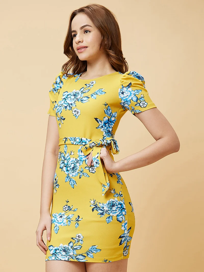 globus  Women Floral Printed Puff Sleeves Belted Detail Sheath Mini Dress for Women | Best Price UAE