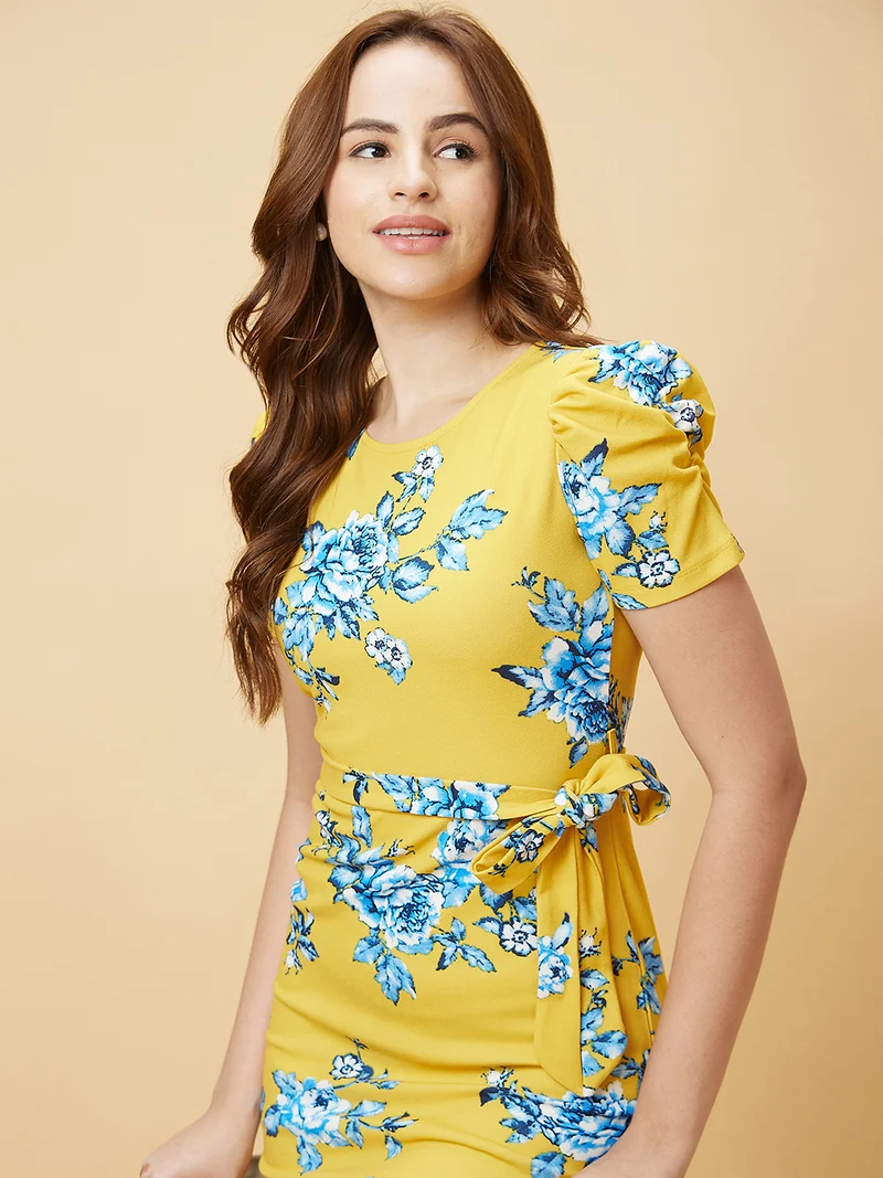 Women Floral Printed Puff Sleeves Belted Detail Sheath Mini Dress