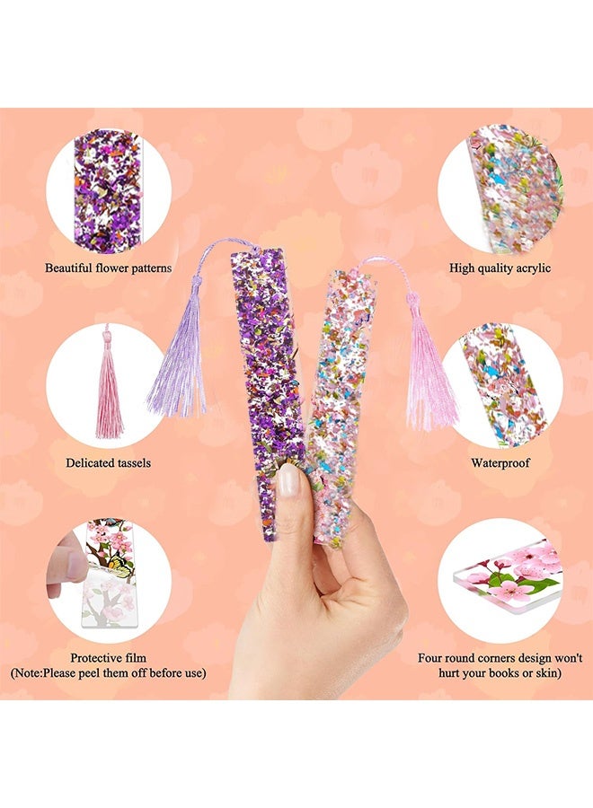 Quantum 4 PCS Bookmarks, Glitter Resin Transparent Kids Art Silk Tassels Bookmark, Cute Pressed Flower Book Marks for Women Teacher Book Lovers - Image 3