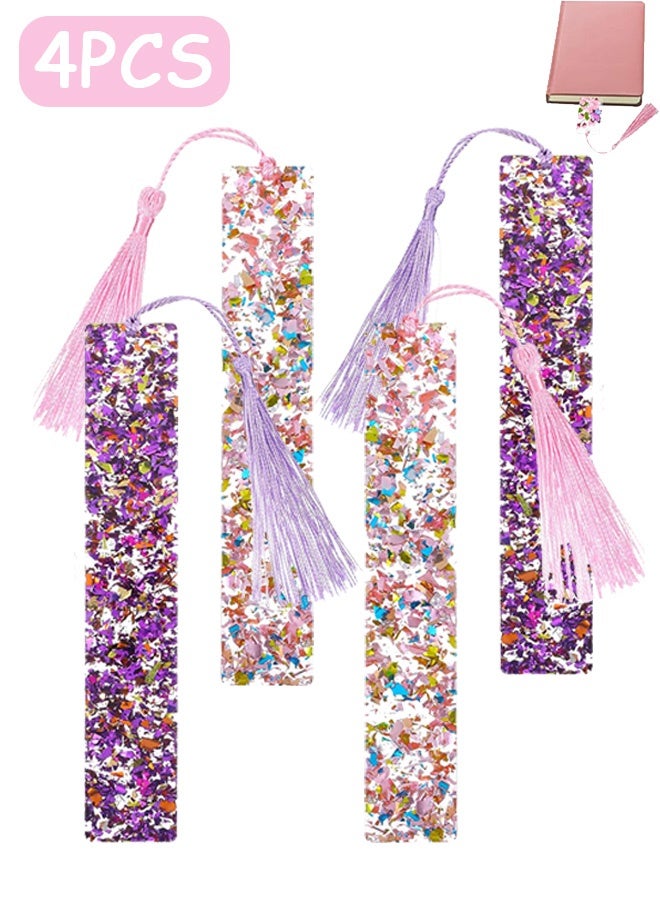Quantum 4 PCS Bookmarks, Glitter Resin Transparent Kids Art Silk Tassels Bookmark, Cute Pressed Flower Book Marks for Women Teacher Book Lovers - Image 1