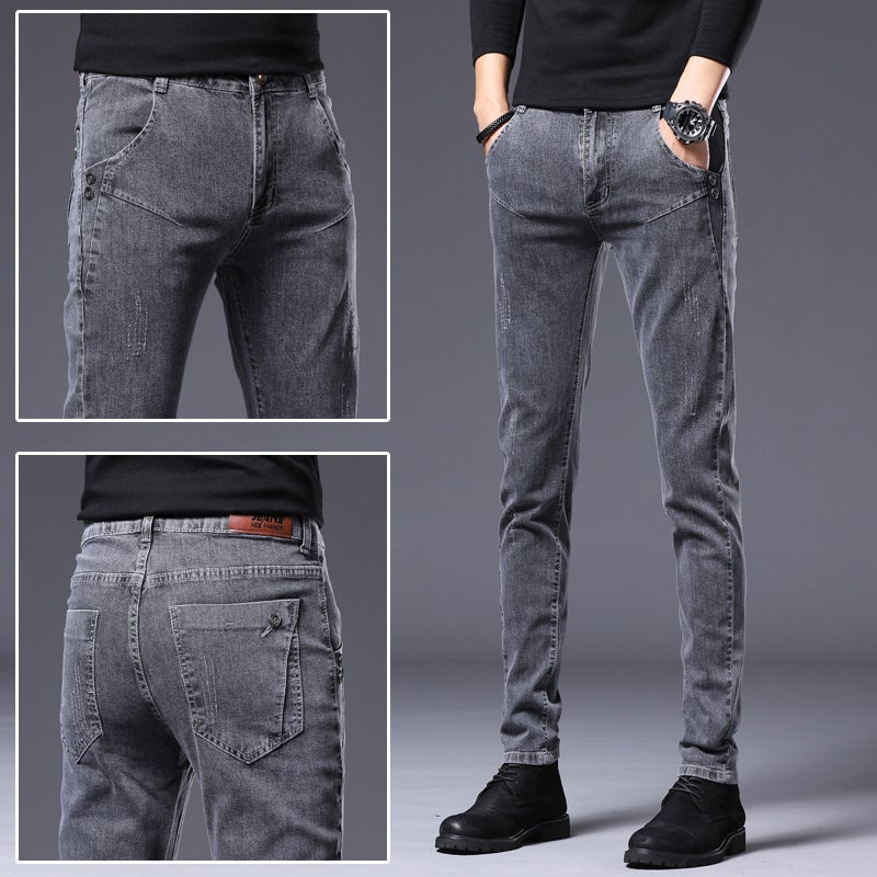 Generic One-piece delivery young mens foreign trade slim fit skinny jeans mid-waist Korean style fashionable mens stretch long pants 8913# Gray 