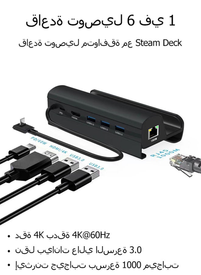 Docking Station Compatible with Steam Deck, 6 in 1 Stream Deck Dock with HDMI 2.0 4K@60Hz, 1000Mbps Gigabit Ethernet, 3 USB-A 3.0 and Full Speed Charging USB-C Port Compatible with Valve Steam Deck