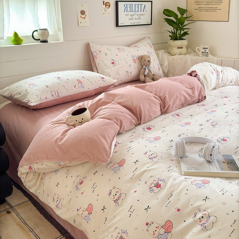 Four-Piece Bed Sheet Set, Washed Quilt Cover, Three-Piece Set For Student Dormitory, Brushed Single-Piece Quilt Cover, Cartoon Bedding - Image 1