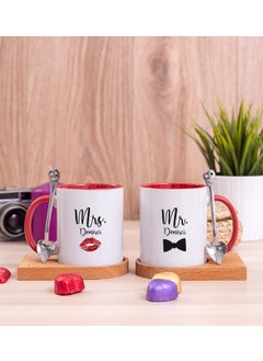 Hediye Dükkanı Gift Shop Personalized Mr Mrs Designed Double Red Mug with Wooden Base 