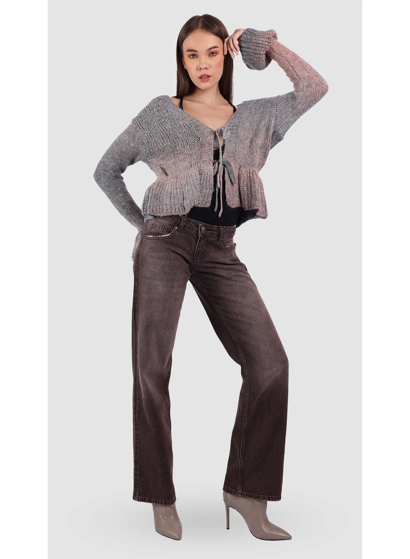 KYVELi Women’s Gradient Tie-Front Knit Cardigan – Grey - Image 1