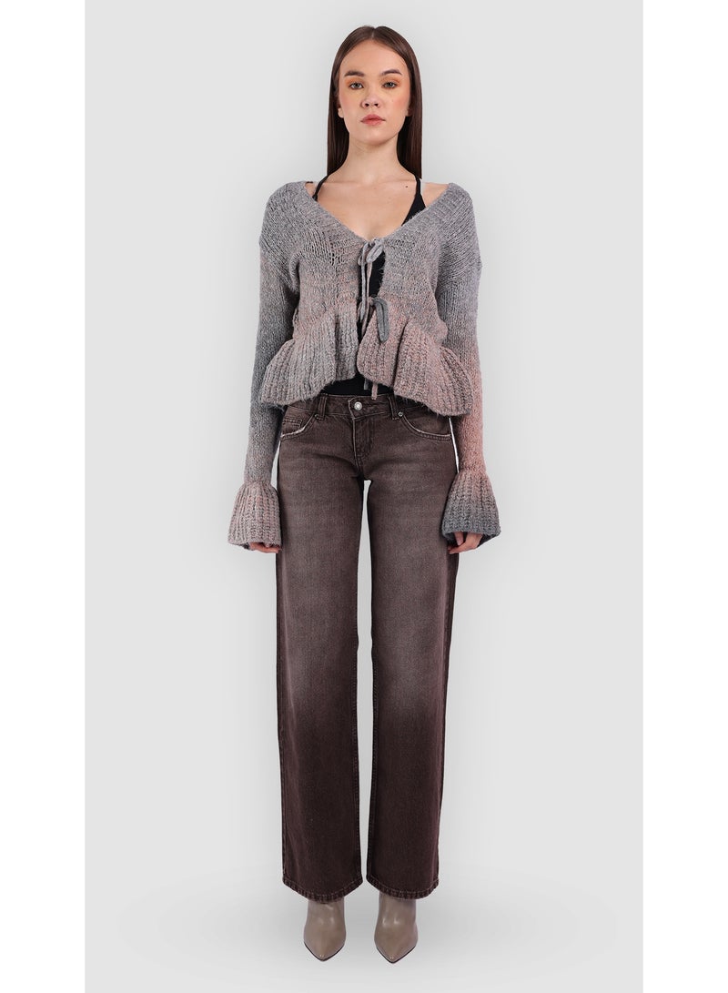 KYVELi Women’s Gradient Tie-Front Knit Cardigan – Grey - Image 2