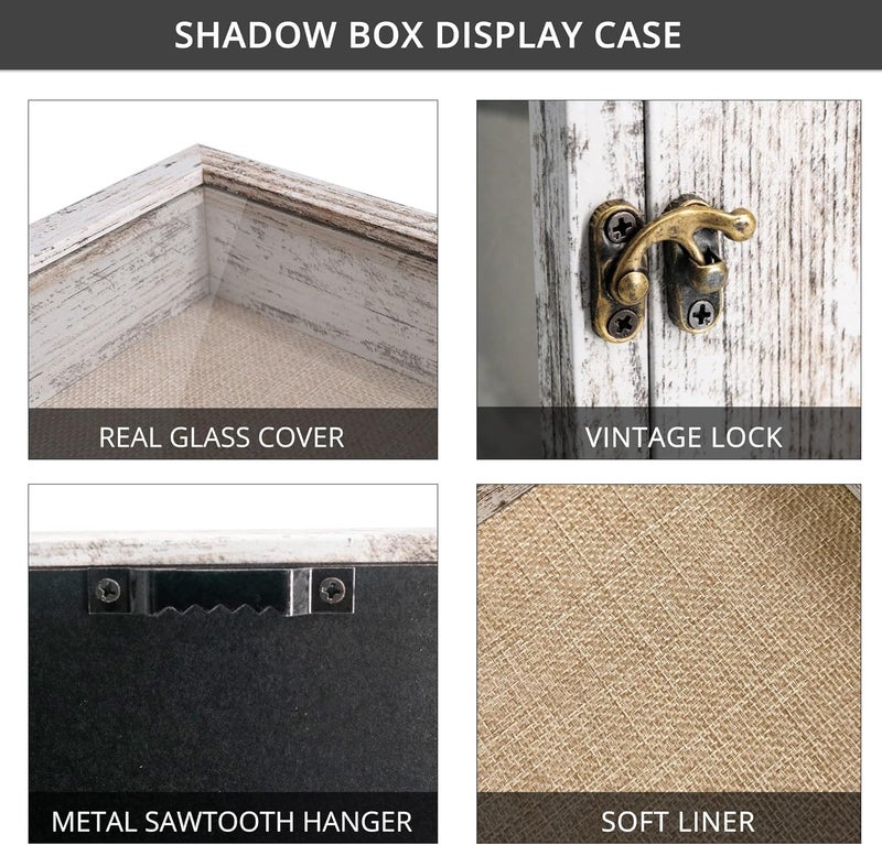 11x14 Wood Shadow Box Frame Glass Door Display Case with Linen Back and 6 Stick Pins,1.5 inches Interior Depth,Ideal for Memorabilia Pictures Flowers Medals Tickets Rustic White - Image 3