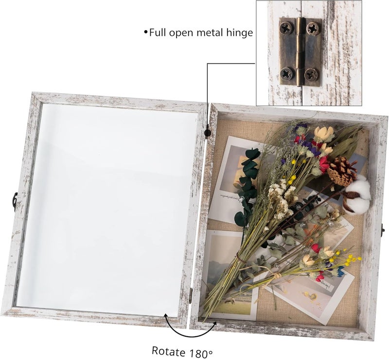 11x14 Wood Shadow Box Frame Glass Door Display Case with Linen Back and 6 Stick Pins,1.5 inches Interior Depth,Ideal for Memorabilia Pictures Flowers Medals Tickets Rustic White - Image 4