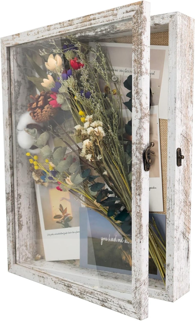 11x14 Wood Shadow Box Frame Glass Door Display Case with Linen Back and 6 Stick Pins,1.5 inches Interior Depth,Ideal for Memorabilia Pictures Flowers Medals Tickets Rustic White - Image 1