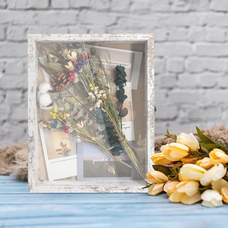 11x14 Wood Shadow Box Frame Glass Door Display Case with Linen Back and 6 Stick Pins,1.5 inches Interior Depth,Ideal for Memorabilia Pictures Flowers Medals Tickets Rustic White - Image 2