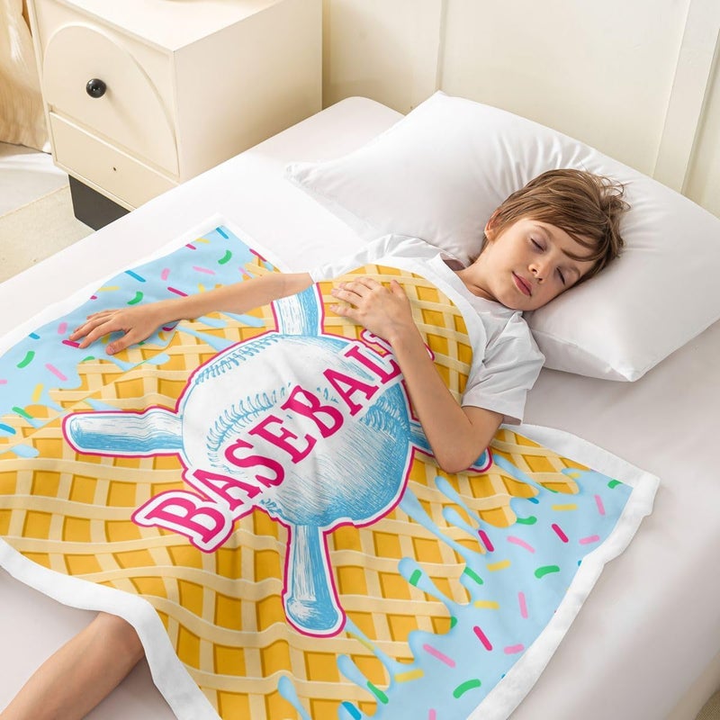 Erosebridal Baseball 40"X50" Fleece Blanket Sport Ice Cream Sherpa Blanket for Kids Boys Teens Baseball Gaming Fuzzy Plush Throw Cute Colorful Dessert Candy Decor for Sofa Couch, Yellow Blue - Image 3