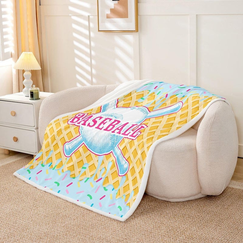 Erosebridal Baseball 40"X50" Fleece Blanket Sport Ice Cream Sherpa Blanket for Kids Boys Teens Baseball Gaming Fuzzy Plush Throw Cute Colorful Dessert Candy Decor for Sofa Couch, Yellow Blue - Image 1