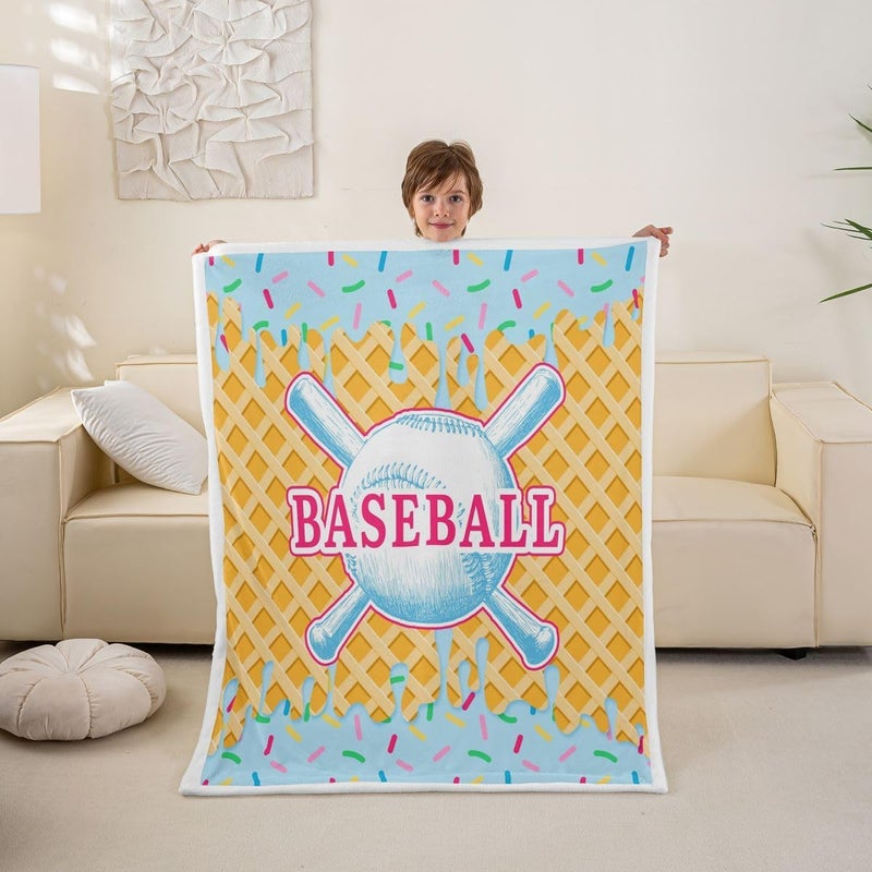 Erosebridal Baseball 40"X50" Fleece Blanket Sport Ice Cream Sherpa Blanket for Kids Boys Teens Baseball Gaming Fuzzy Plush Throw Cute Colorful Dessert Candy Decor for Sofa Couch, Yellow Blue - Image 2
