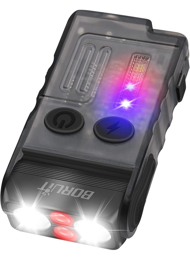 BORUIT V20 Small Powerful Flashlight 1000LM with Red Blue Warm Light 180° Head Swivels 110dB Buzzer Mini Keychain Pocket Rechargeable LED Flashlights USB EDC Clip Flash Light - Image 1