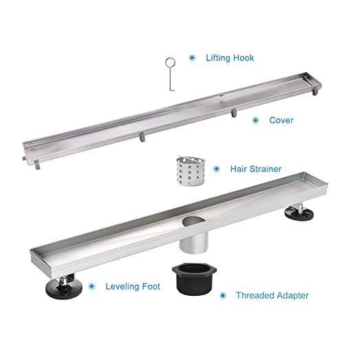 Elefloom Linear Shower Drain, 24 inch Drain with Tile Insert 2-in-1 Panel, Brushed 304 Stainless Steel Shower Floor Drain, Linear Drain with Hair Strainer and Adjustable Feet - Image 4
