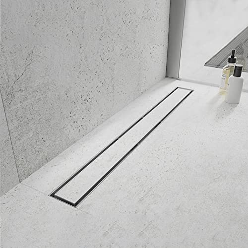 Elefloom Linear Shower Drain, 24 inch Drain with Tile Insert 2-in-1 Panel, Brushed 304 Stainless Steel Shower Floor Drain, Linear Drain with Hair Strainer and Adjustable Feet - Image 1