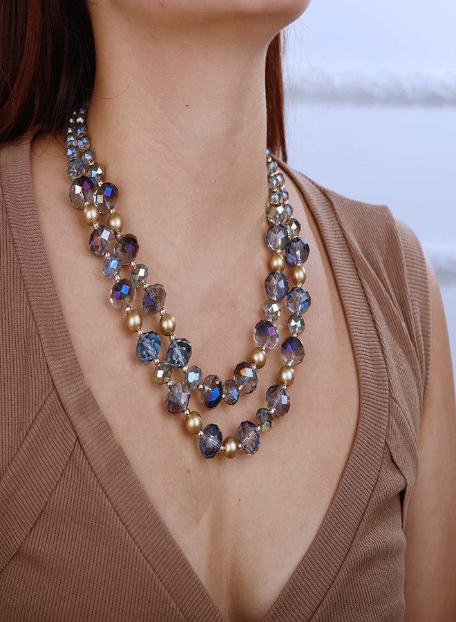 Aimimier Boho 2-Strand Beaded Choker Necklace with Earrings Vintage Blue Crystal Pendant Statement Necklace for Women - Image 3