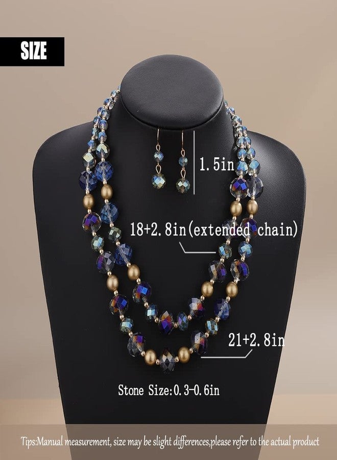 Aimimier Boho 2-Strand Beaded Choker Necklace with Earrings Vintage Blue Crystal Pendant Statement Necklace for Women - Image 4