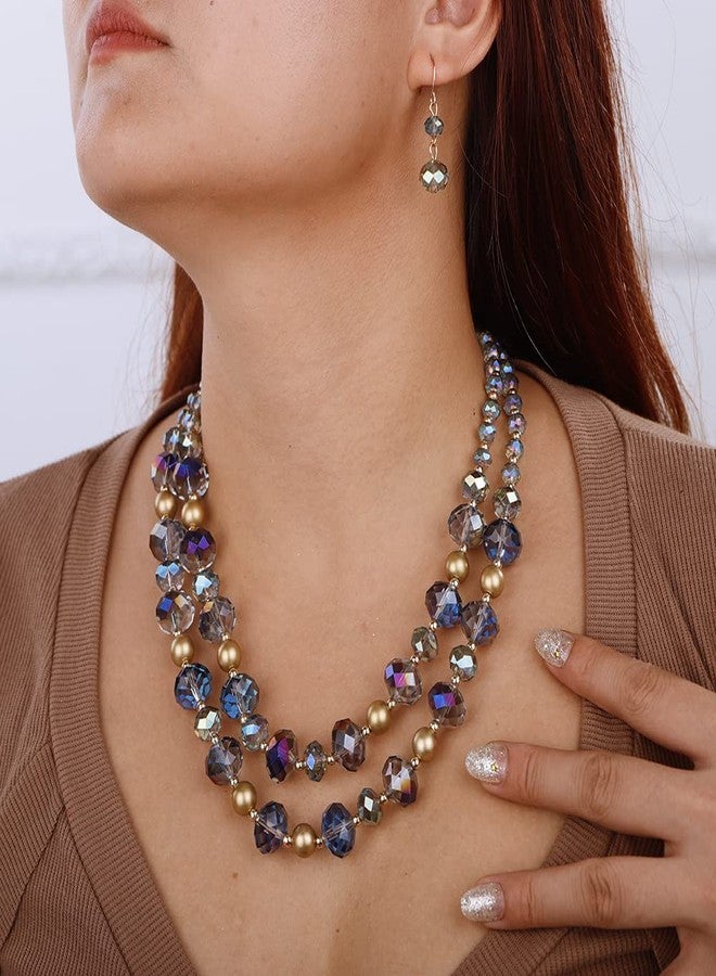Aimimier Boho 2-Strand Beaded Choker Necklace with Earrings Vintage Blue Crystal Pendant Statement Necklace for Women - Image 2