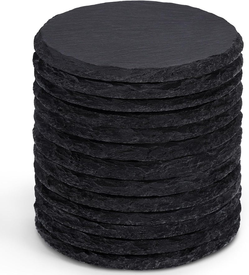 GOH DODD 13 Pieces Slate Drink Coasters, 4 Inch Black Coasters Stone Coaster Set, Laser Engraving Blanks with Anti-Scratch Bottom for Home Office Bar Outdoor Housewarming Gifts Wedding Party, Round - Image 1