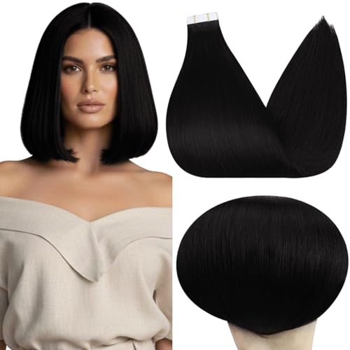 Full Shine Black Tape in Hair Extensions Human Hair 12 Inch Color 1 Jet Black Invisible Hair Extensions Tape in Double Sided Tape 20 Pcs Soft Remy Real Human Hair Skin Weft 30G for Women - Image 1