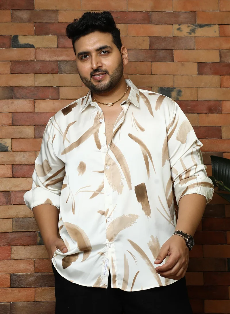 Instafab Plus Instafab Plus Men's Olive Green Contrast-Strokes Imprint Shirt | Spread Collar , Long Cuffed Sleeves , Button Closure , Curved Hemline | Abstract-Print Plain Polyester For Street & Casual Wear