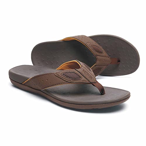 MEGNYA Mens Flip Flops Orthotic Sandals with Arch Support for Flat Feet Plantar Fasciitis Comfortable Indoor Outdoor Toe Post Slippers Brown Size 9 - Image 1