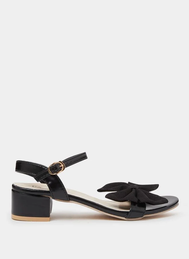 Black Ankle Strap Bow Block Heel Sandals