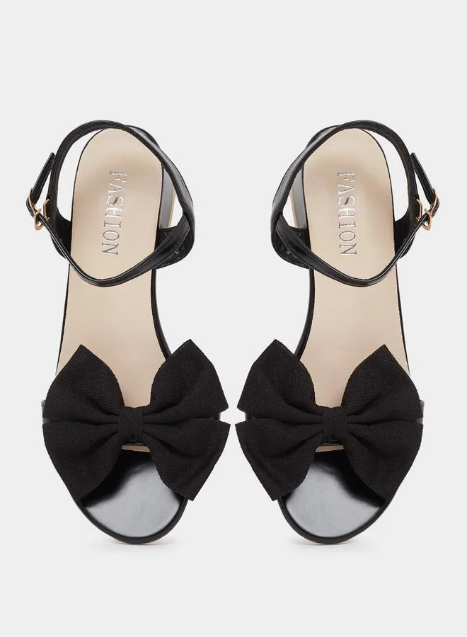 Take Two  Black Ankle Strap Bow Block Heel Sandals for Women | Best Price UAE
