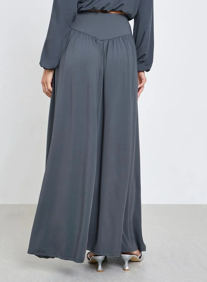 Styli  Grey Solid Top and Wide Waistband Skirt Co-ords for Women | Best Price UAE