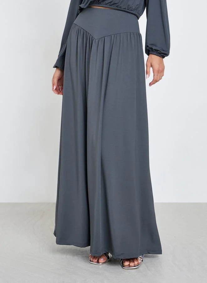 Styli  Grey Solid Top and Wide Waistband Skirt Co-ords for Women | Best Price UAE